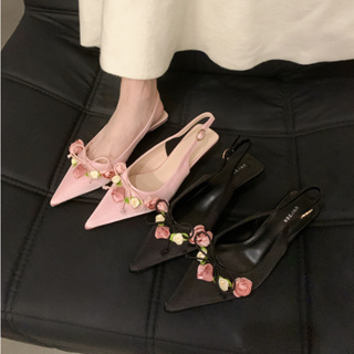 女士 涼鞋 2024年新款 時尚 百搭 尖頭 細跟 高跟鞋 仙女風 氣質 花朵 淺口 包頭半拖鞋 瑪麗珍鞋