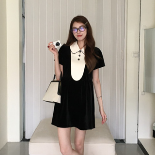 韓版休閒時尚緞面洋裝女裝緊身收腰絲絨翻領復古黑白撞色拼接短袖A字洋裝