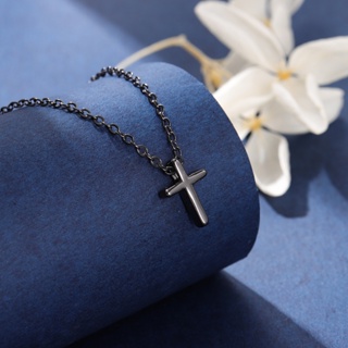 925純銀簡約時尚十字架個性黑色吊墜鎖骨鏈項鍊