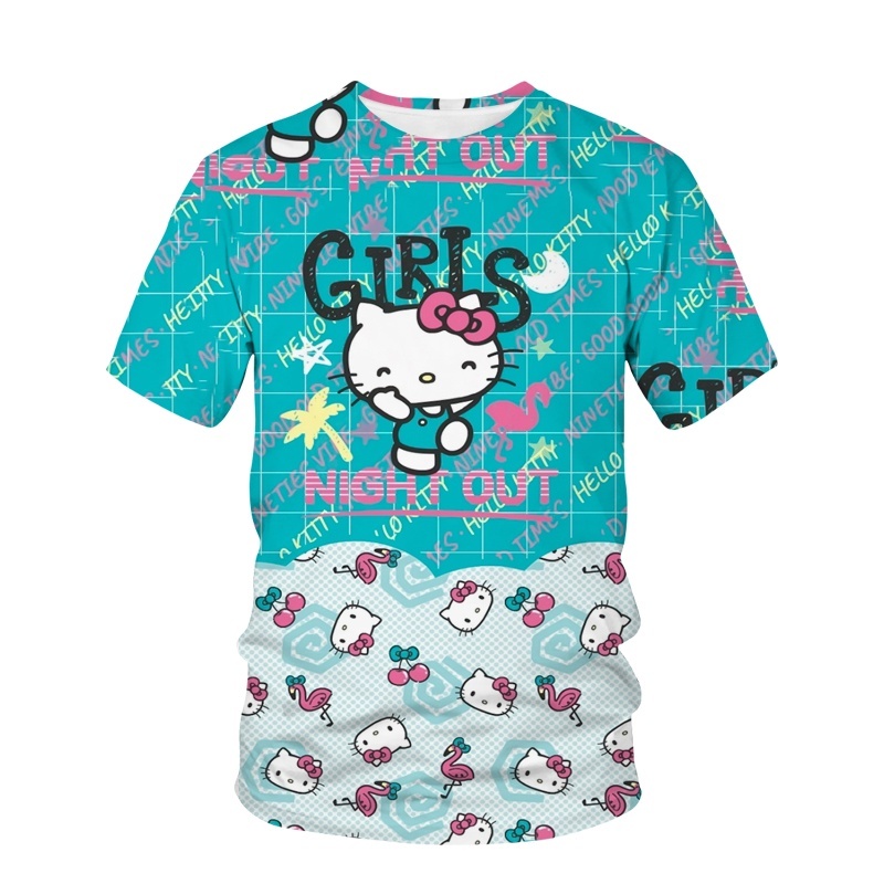 3d Hello Kitty印花T恤男女街頭T恤夏季短袖圓領休閒寬鬆上衣