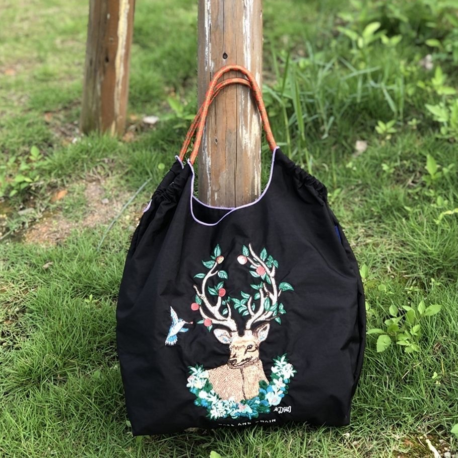 【YOFUR】現貨 麋鹿刺繡ball chain日系環保購物袋 精品 大容量手提袋 環保尼龍布袋 手提包