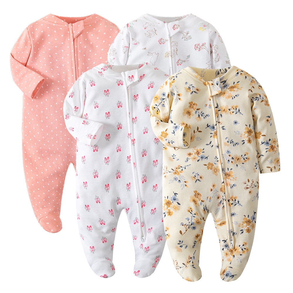 新生嬰兒男孩女孩連身衣,長袖雙拉鍊棉質舒適睡衣