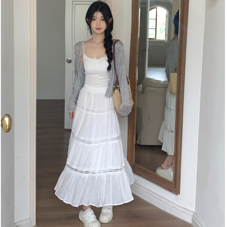 「NZN」 韓版小清新白色高腰半身裙吊帶背心薄款開衫女套裝(單獨出售)