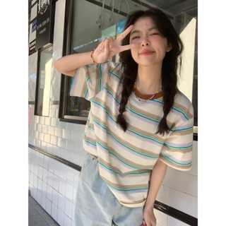 復古條紋圓領短袖t恤新款2024年女裝夏季韓版寬鬆顯瘦小個子上衣