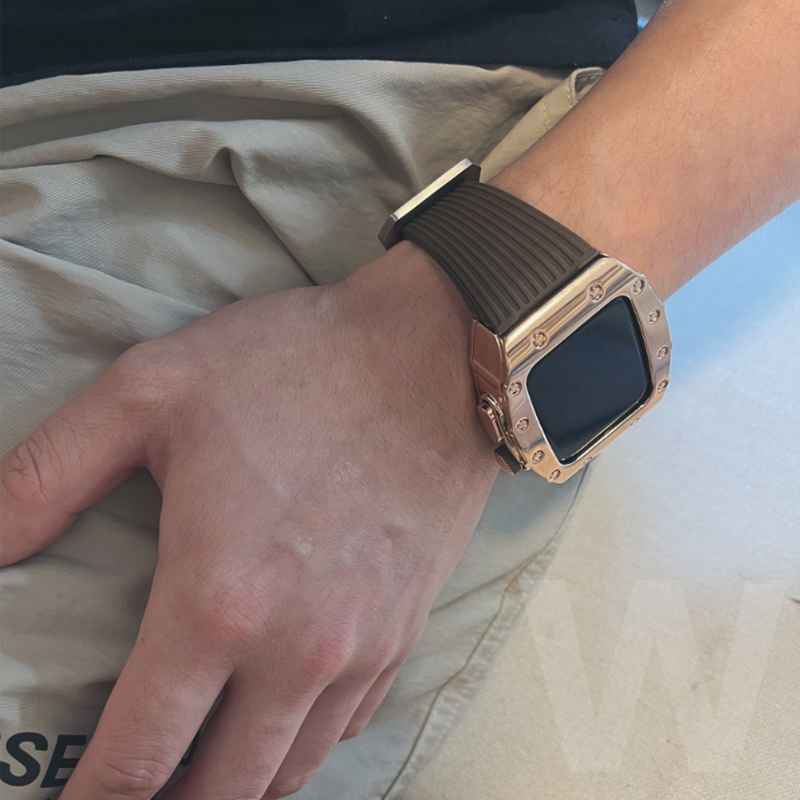 RM改裝AP橡樹錶帶 不鏽鋼錶殼 適用 Apple Watch S9 8 7 6 5 SE代 44mm 45mm矽膠錶帶
