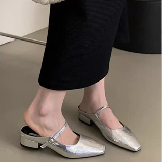 女士 低跟 瑪麗珍鞋 粗跟3.5CM 銀色/黑色 包頭拖鞋 淺口 涼鞋