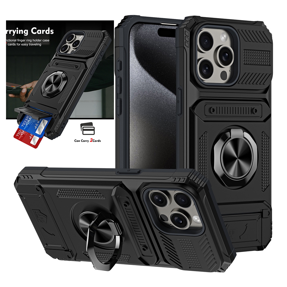 兼容 iPhone 15 Pro Max / 14 Plus 防震盔甲硬殼保護套帶錢包信用卡插槽和環形支架功能