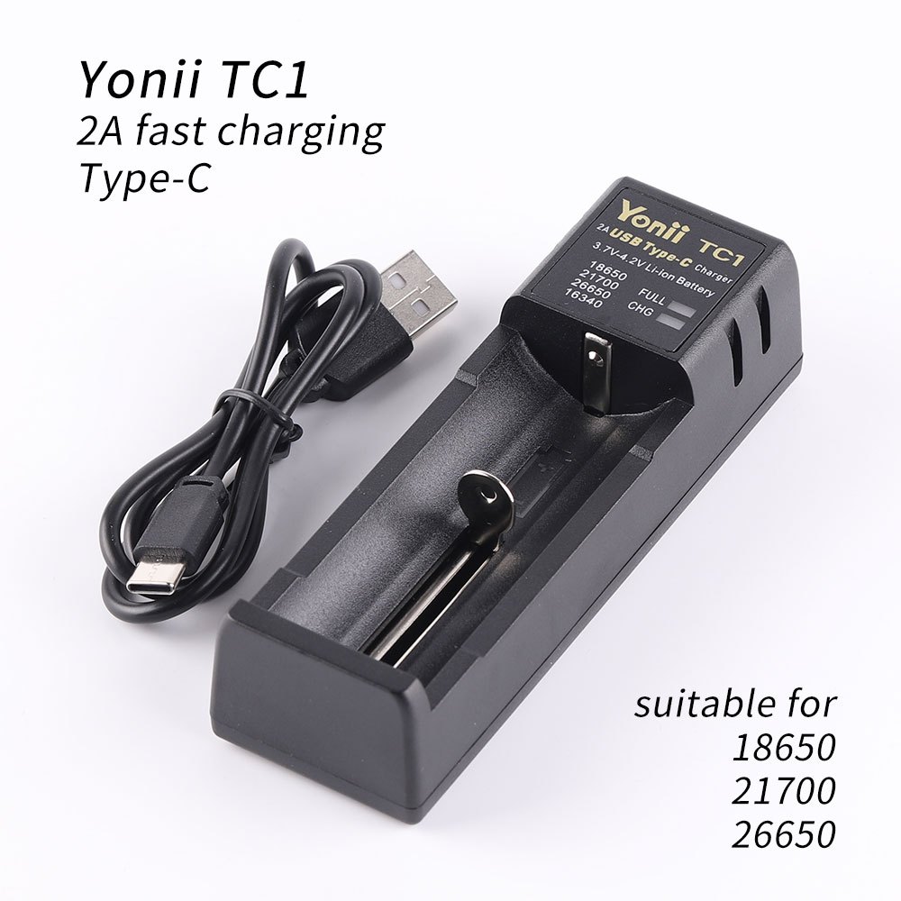 Yonii TC1充電器2A充電TYPE-C,適用於18650 26650 21700電池帶指示燈