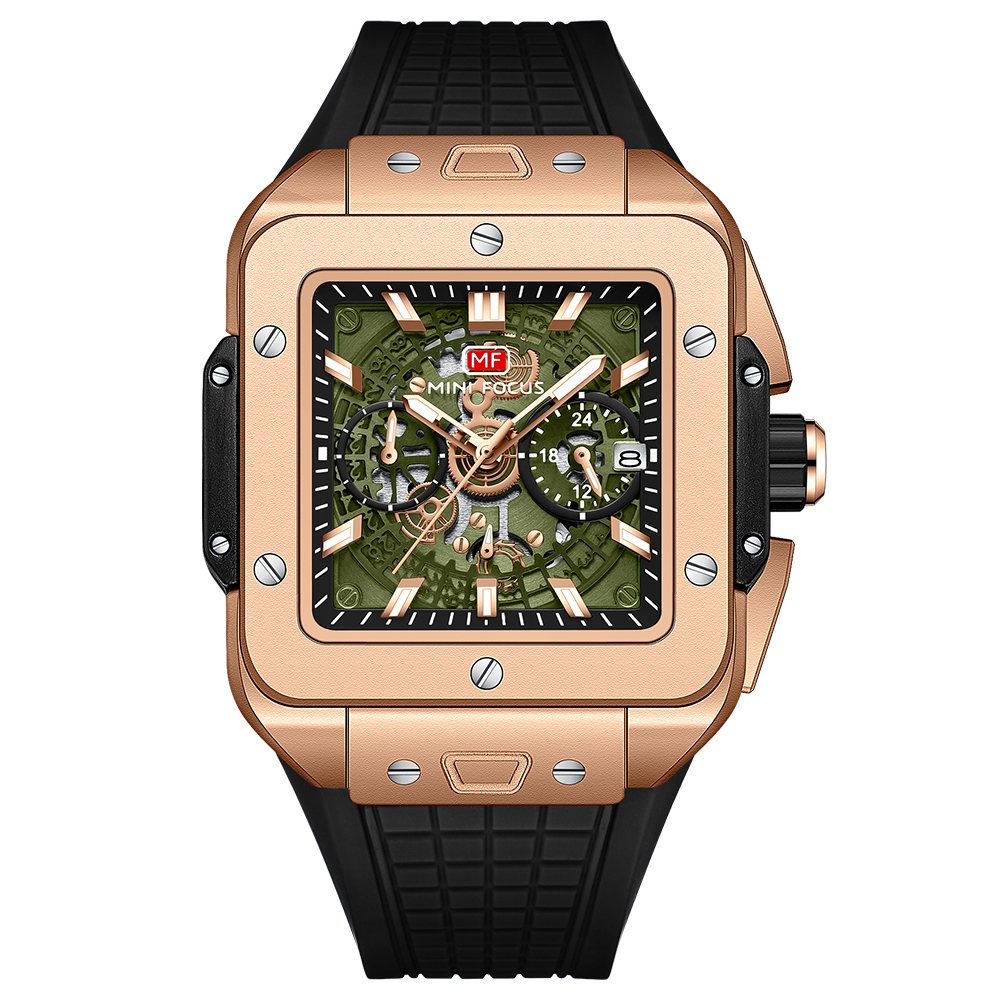 Minifocus 品牌 0475G 酷炫時尚石英手錶多功能方形錶盤矽膠錶帶熒光設計男士手錶