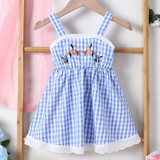 夏季女童吊帶背心裙刺繡格子腰帶蕾絲連衣裙時尚可愛寶寶兒童