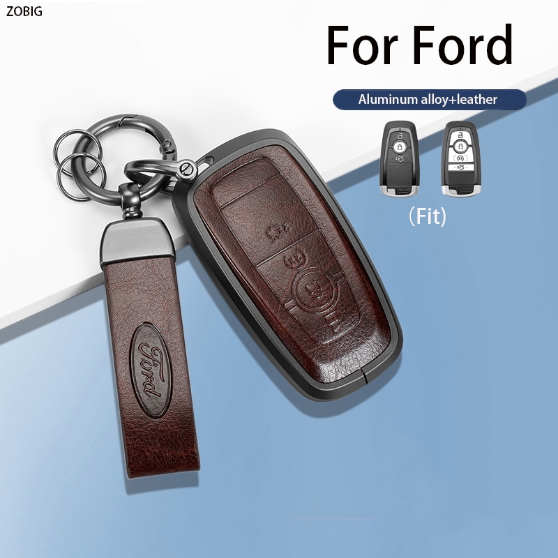 Zobig 鋁合金皮革鑰匙扣蓋適用於福特汽車鑰匙包外殼帶鑰匙扣適合福特 Edge Escape Expedition E