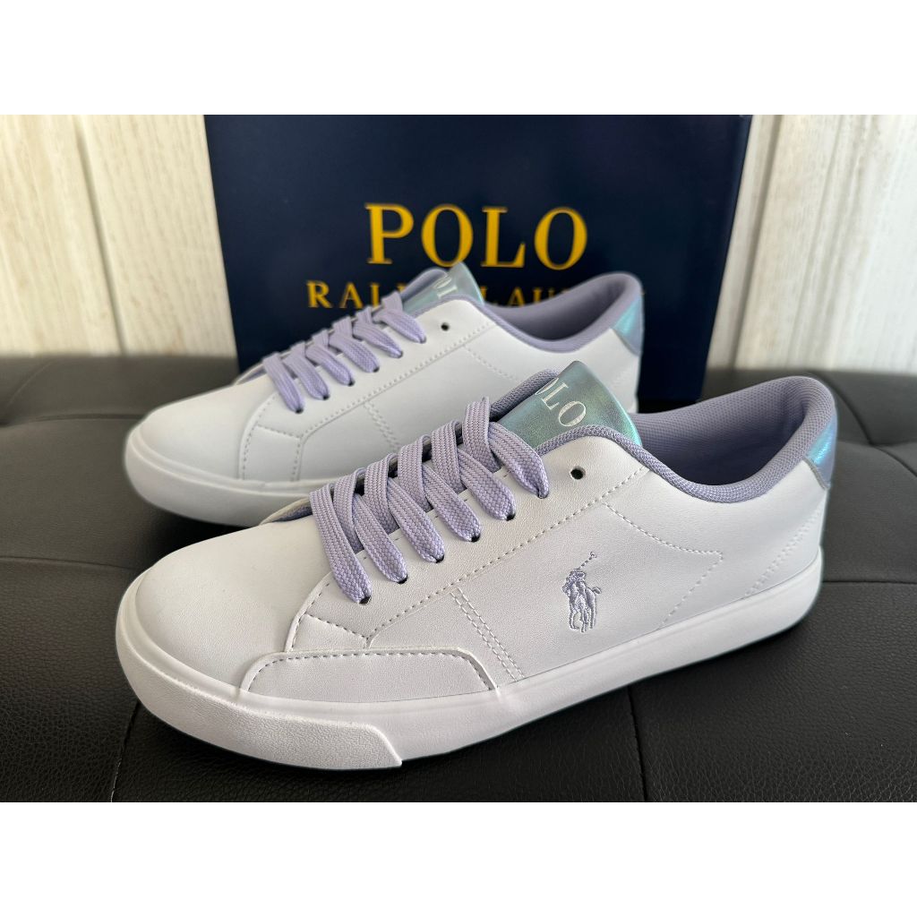 【Ethan】美日韓業余代購 Polo Ralph Lauren白拼紫軟皮面 休閑淑女時尚系帶低幫小白鞋