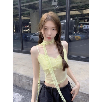 「NZN」韓國蝴蝶結蕾絲吊帶背心波點上衣美式工裝褲套裝(單獨出售)