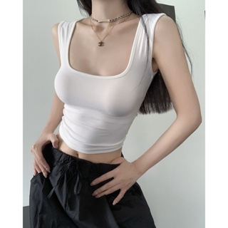「NZN」韓版性感方領露臍上衣基本款純色無袖背心