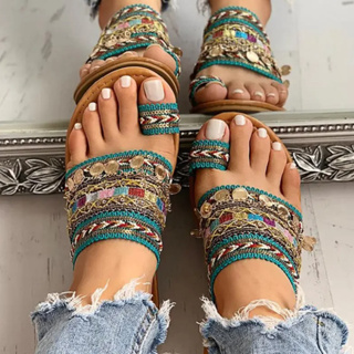 拖鞋女式民族波西米亞風格腳趾環拖鞋夏季金屬裝飾亮片平底羅馬露趾鞋女鞋