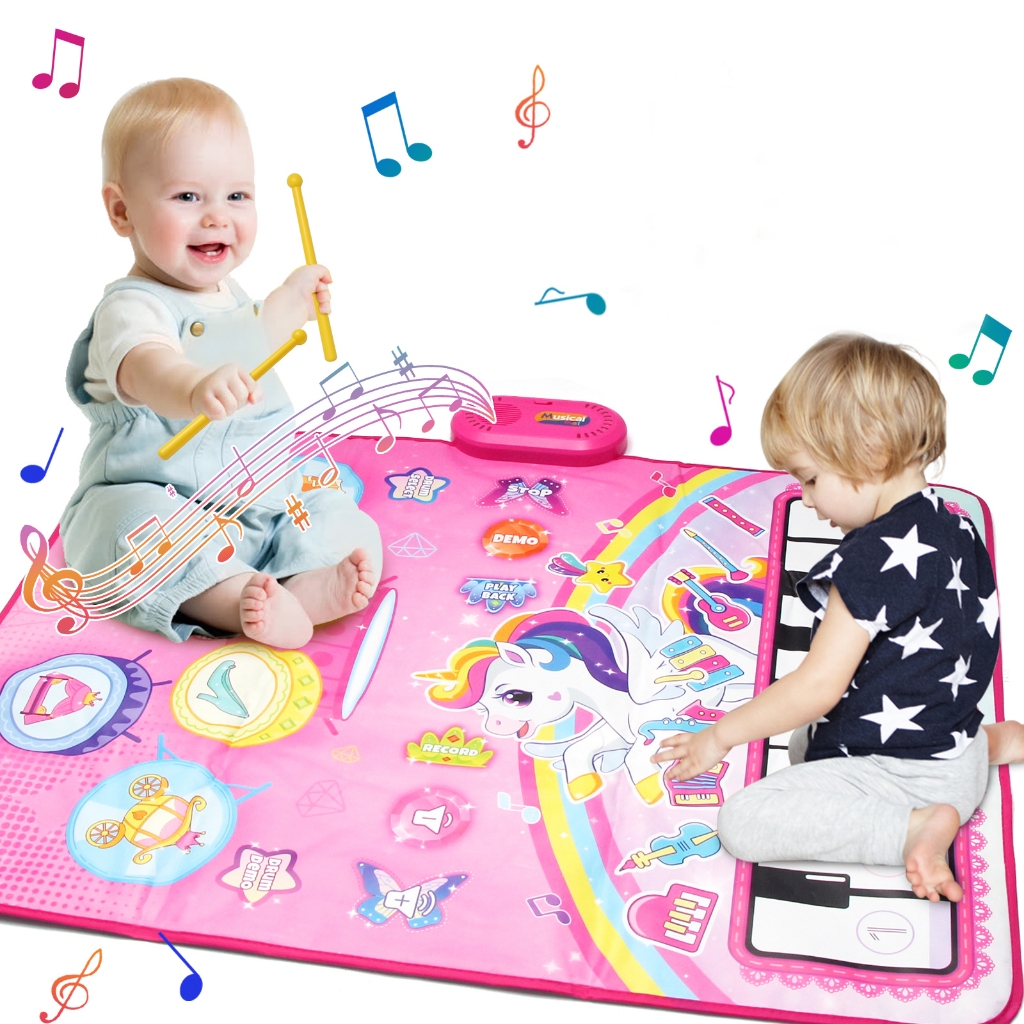 粉色獨角獸音樂毯 二合一兒童音樂鋼琴鍵盤爵士鼓遊戲墊 嬰幼兒玩具樂器音樂墊舞蹈墊 男孩女孩益智早教玩具 生日禮物