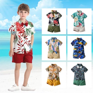 兒童男嬰服裝花卉時尚套裝花卉印花短袖襯衫 + 短褲 + 領結套裝 3 件 0-7 歲紳士男孩嬰兒生日派對禮服夏威夷風格沙
