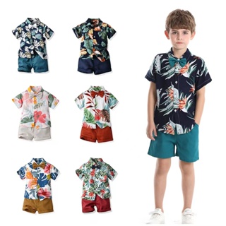 兒童男嬰服裝正裝花卉印花短袖襯衫 + 短褲 + 領結套裝 3 件 0-7 歲紳士男孩嬰兒生日派對禮服夏威夷風格沙灘服裝