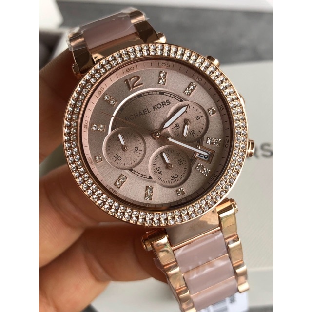 女士手錶 MK5896 派克計時碼表女士手錶玫瑰錶盤粉色