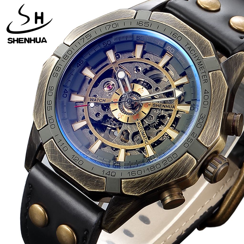 SHENHUA 藍色透明玻璃自動機械表古董青銅蒸汽朋克錶盤黑色皮革手錶男士時鐘