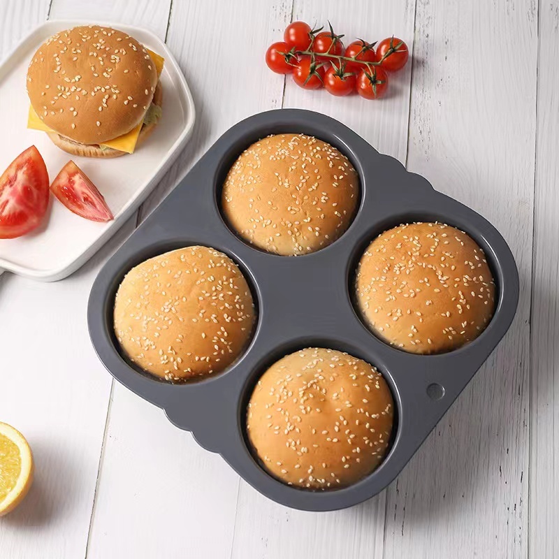 食品級4孔矽膠漢堡麵包烤盤漢堡模具家用烤箱空氣炸鍋烘焙工具