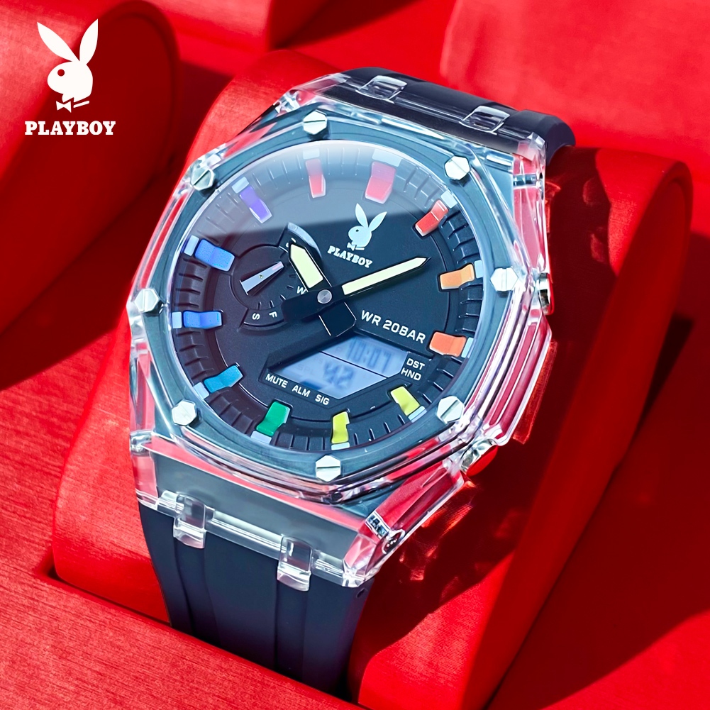 PLAYBOY 2066 男表 品牌正品手錶 現貨原裝石英錶 透明錶殼夜光防水膠帶電子手錶 時尚商務高檔禮物手錶