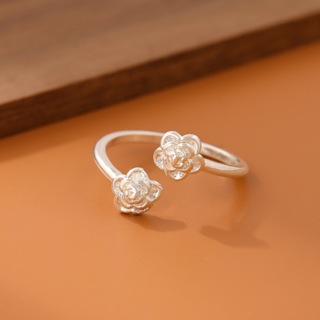 925純銀時尚唯美素銀玫瑰花雙花朵開口戒指