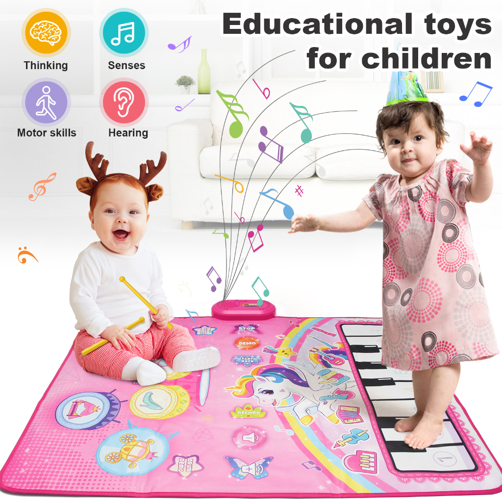 90x70cm 粉色獨角獸嬰幼兒電子鋼琴音樂毯 2合1仿真爵士鼓音樂墊 音樂遊戲墊 防滑可摺疊 兒童早教益智玩具 生日禮