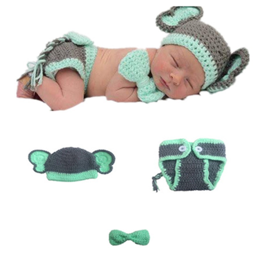嬰兒攝影服飾大象裝扮灰綠色新生兒拍照道具寶寶滿月動物造型帽子+領結+短褲