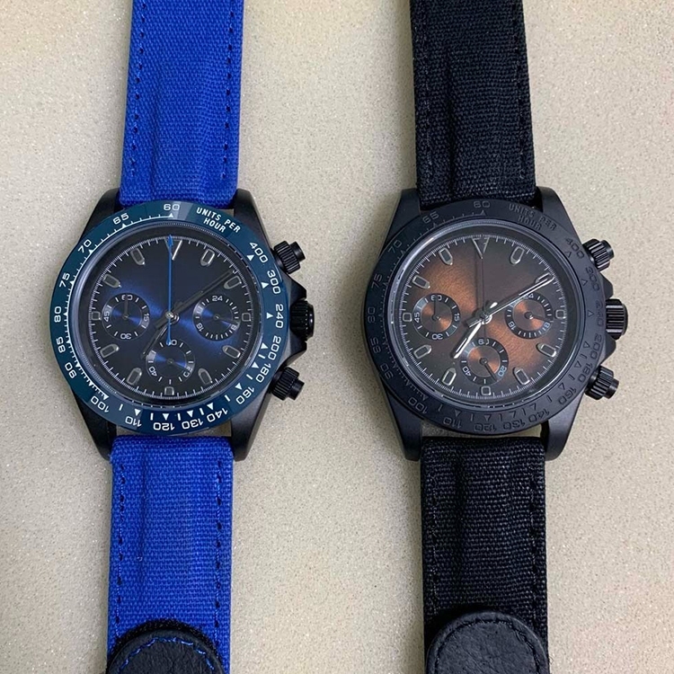 計時碼表男士手錶三眼六針藍寶石玻璃魔術貼帆布錶帶非徽標手錶帶 VK63 石英機芯
