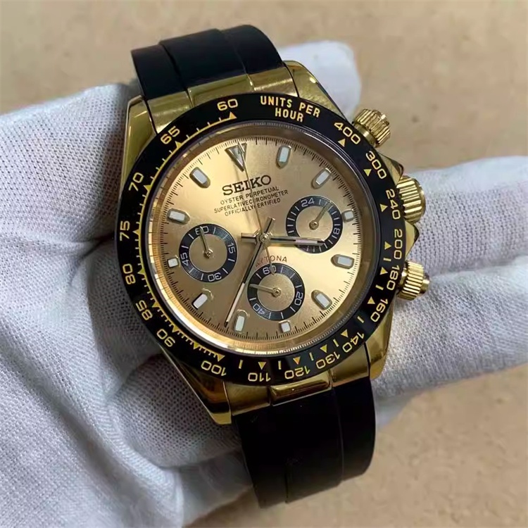 40 毫米計時手錶金色不銹鋼手錶橡膠錶帶藍寶石玻璃配日本石英 VK63 機芯
