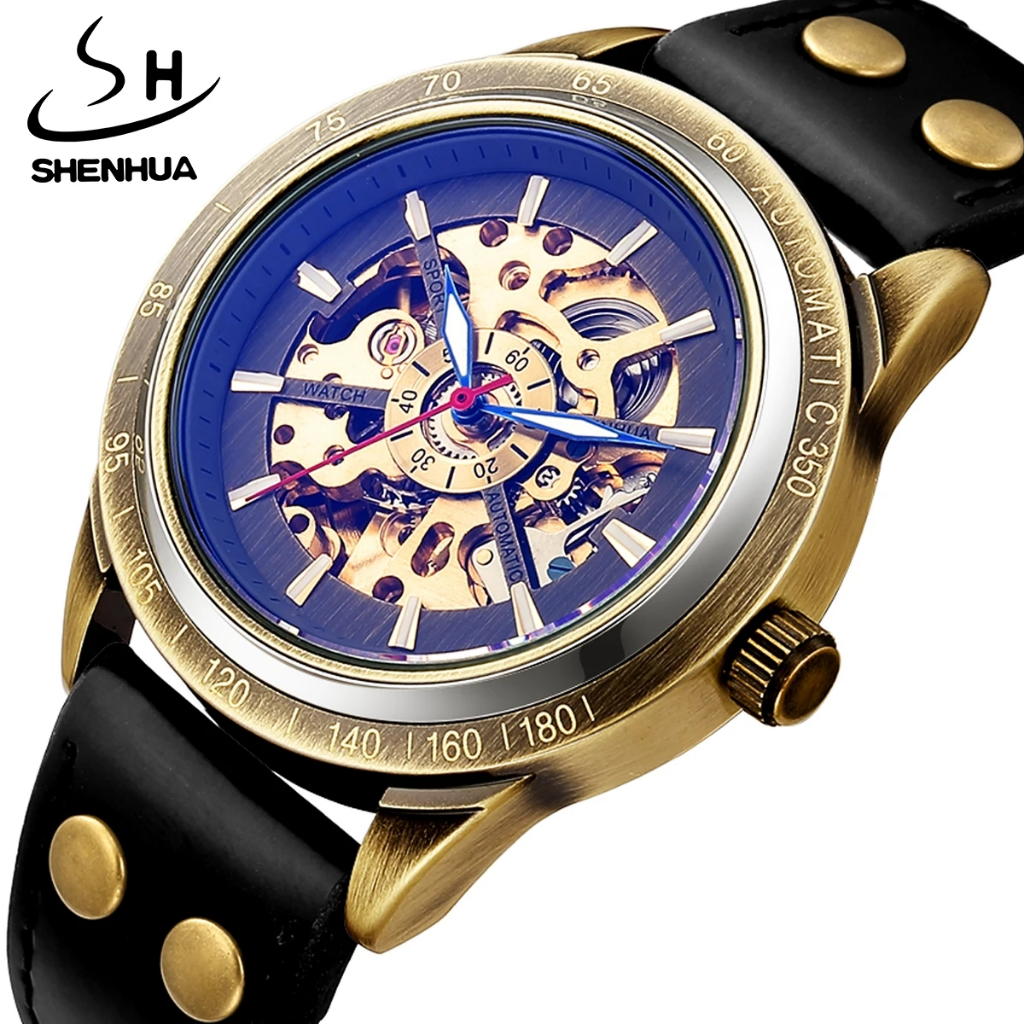 SHENHUA 古董男士自動防水青銅鏤空錶盤真皮錶帶機械黑色手錶