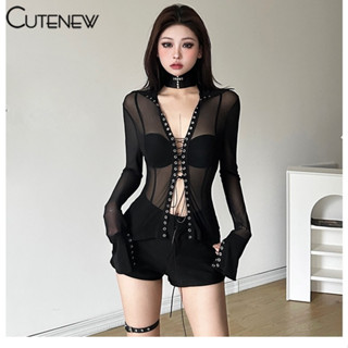 Cutenew y2k 性感網眼長袖 T 恤配女士項鍊 2024 夏季街頭服飾修身上衣