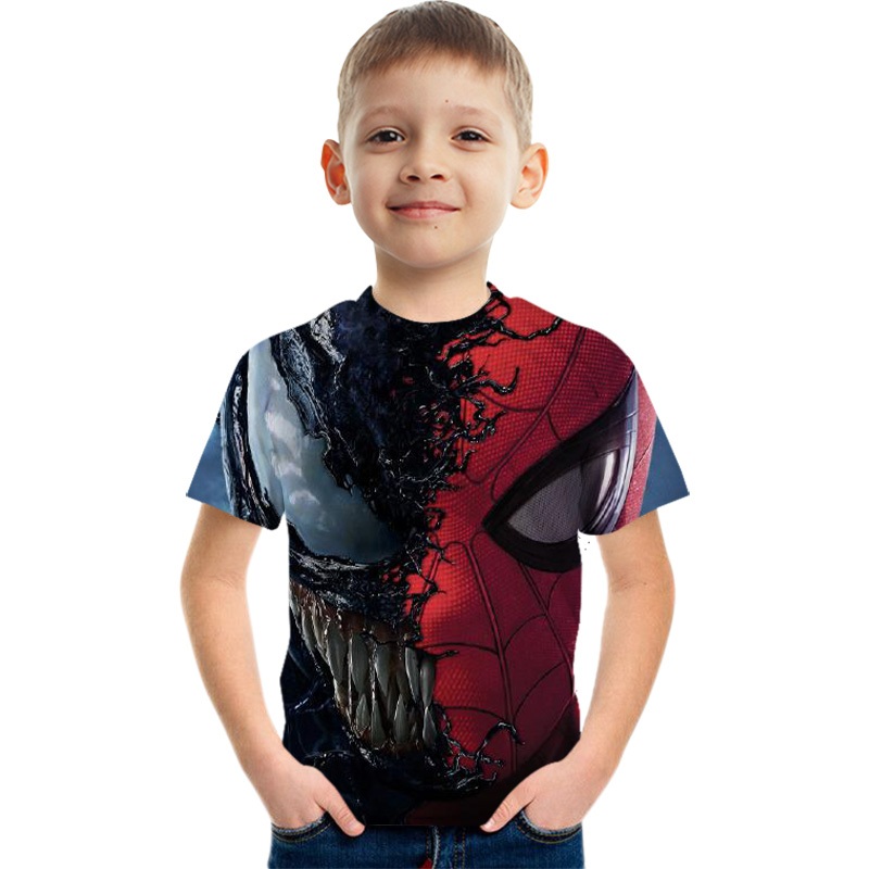 MARVEL 【100-160】漫威超級英雄毒液蜘蛛俠兒童3D打印圖形T恤男士圓領短袖襯衫