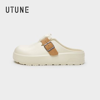 UTUNE2024新款復古風懶人半拖鞋女士厚底可調式皮帶扣設計