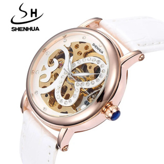 SHENHUA 女士手錶名牌金萊茵鑽石蝴蝶自動機械皮革腕錶鏤空表