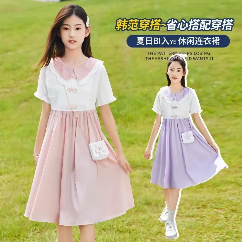 170 女童夏季韓版洋裝 大童洋裝 女孩氣質淑女假兩件中國風盤扣夏裝裙子中大童