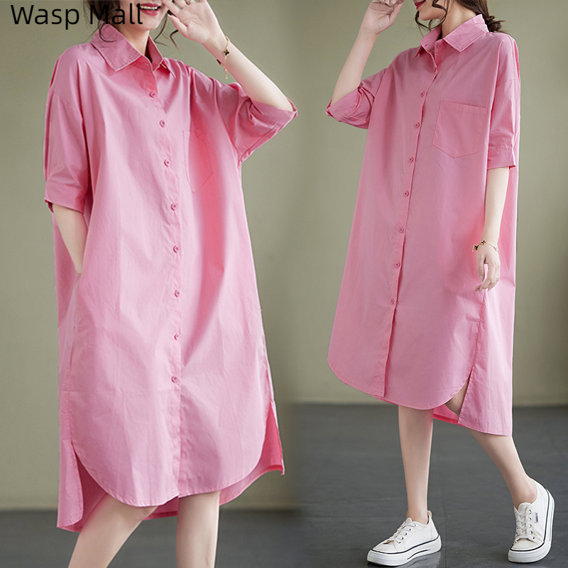 Wasp Mall 2024夏款韓版大碼寬鬆休閒開叉粉色襯衫裙女中長款亞麻短袖連衣裙