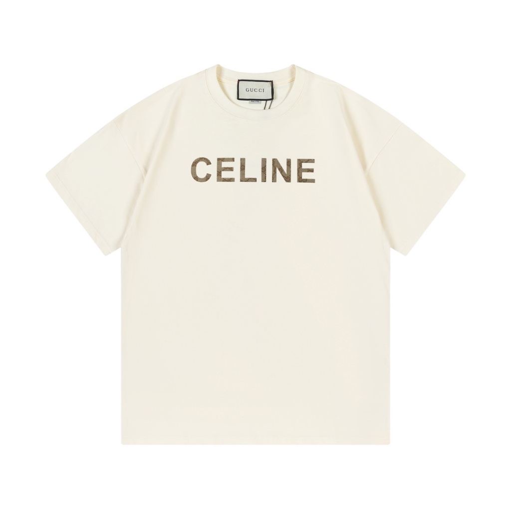 Celine聯名Gucci限定系列 2024新款 訂製270g雙紗純棉材質 梭織貼布聯名字母logo 男女同款 短袖t恤