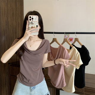 「NZN」夏季新款韓版純色堆領直肩修身短袖t恤上衣女