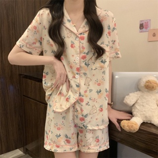 「NZN」夏季新款韓版簡約印花單排扣短袖休閒睡衣睡衣套裝