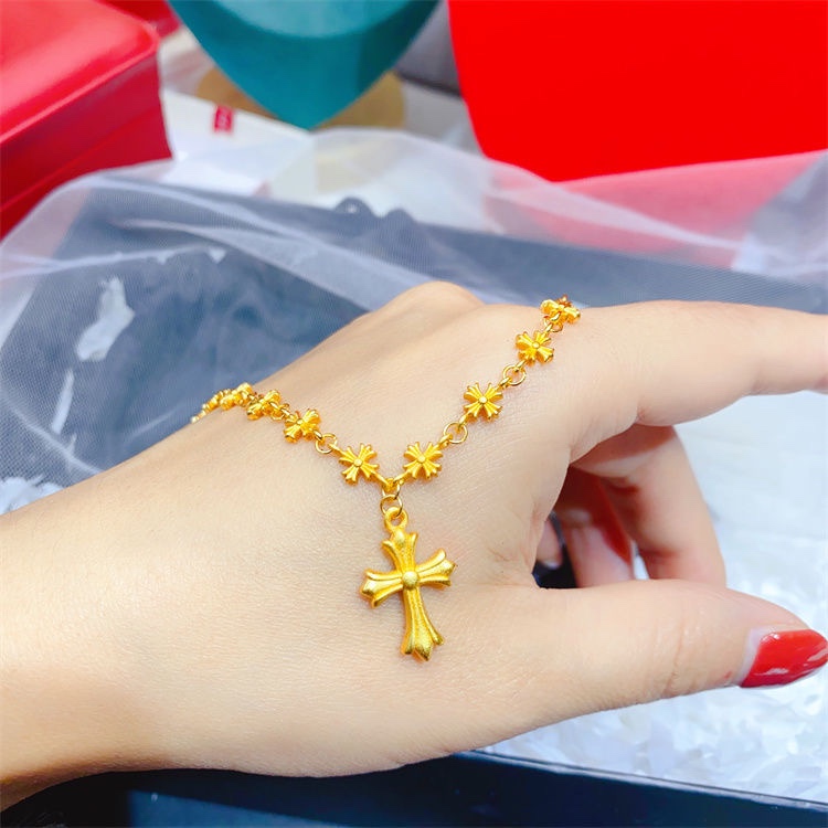 沙金十字架項鍊女時尚復古黃金色潮酷毛衣鏈十字架吊墜項鍊