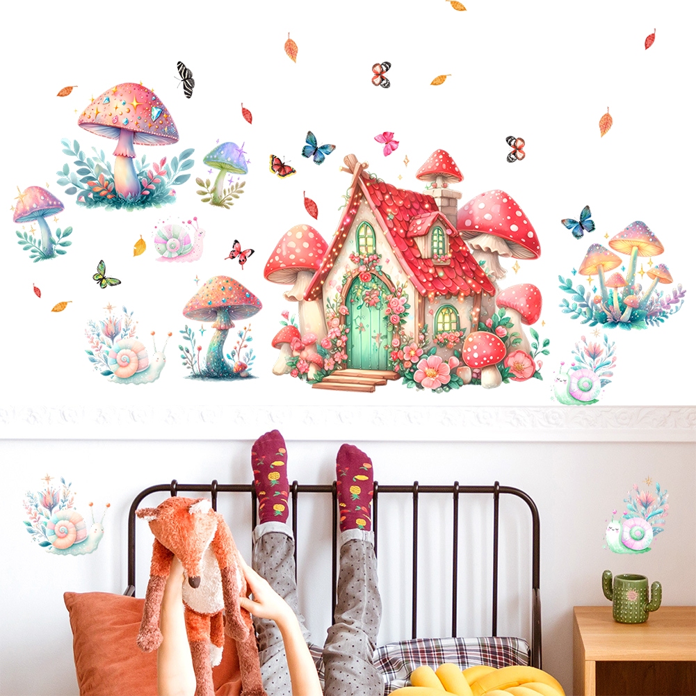 卡通可愛蘑菇小房子牆貼兒童房幼兒園裝飾牆紙自粘粉色少女心貼畫