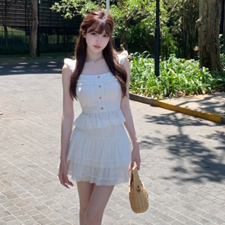 韓版休閒時尚套裝女裝緊身短版白色吊帶背心+高腰蕾絲花邊拼接A字半身裙兩件套