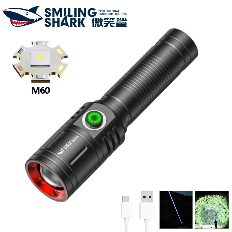 微笑鯊正品 SD5233 led強光手電筒 M60 6000lm Type-C 4檔調焦 18650小巧便攜防水戶外露营