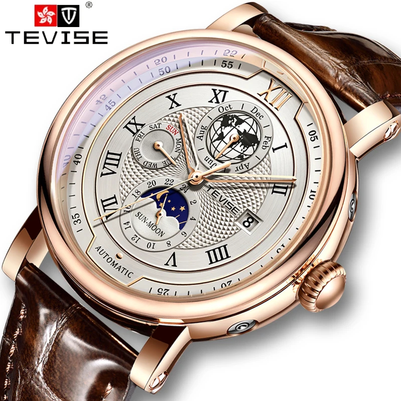 Tevise 商務防水男士機械手錶頂級品牌豪華皮革手錶男士月相自動 LIGE 手錶