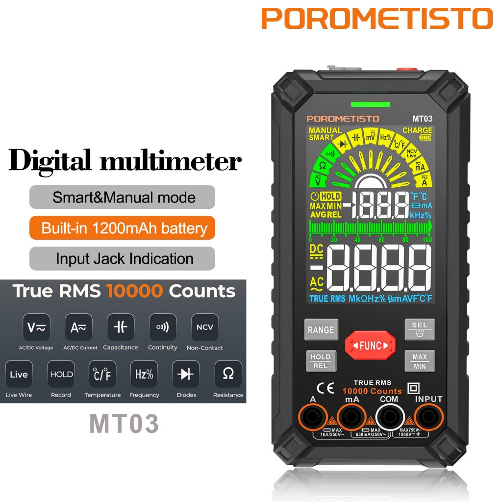Porometisto MT03 10000 計數數字萬用表智能自動量程 1000V 10A 測試儀 DC/AC 電流真