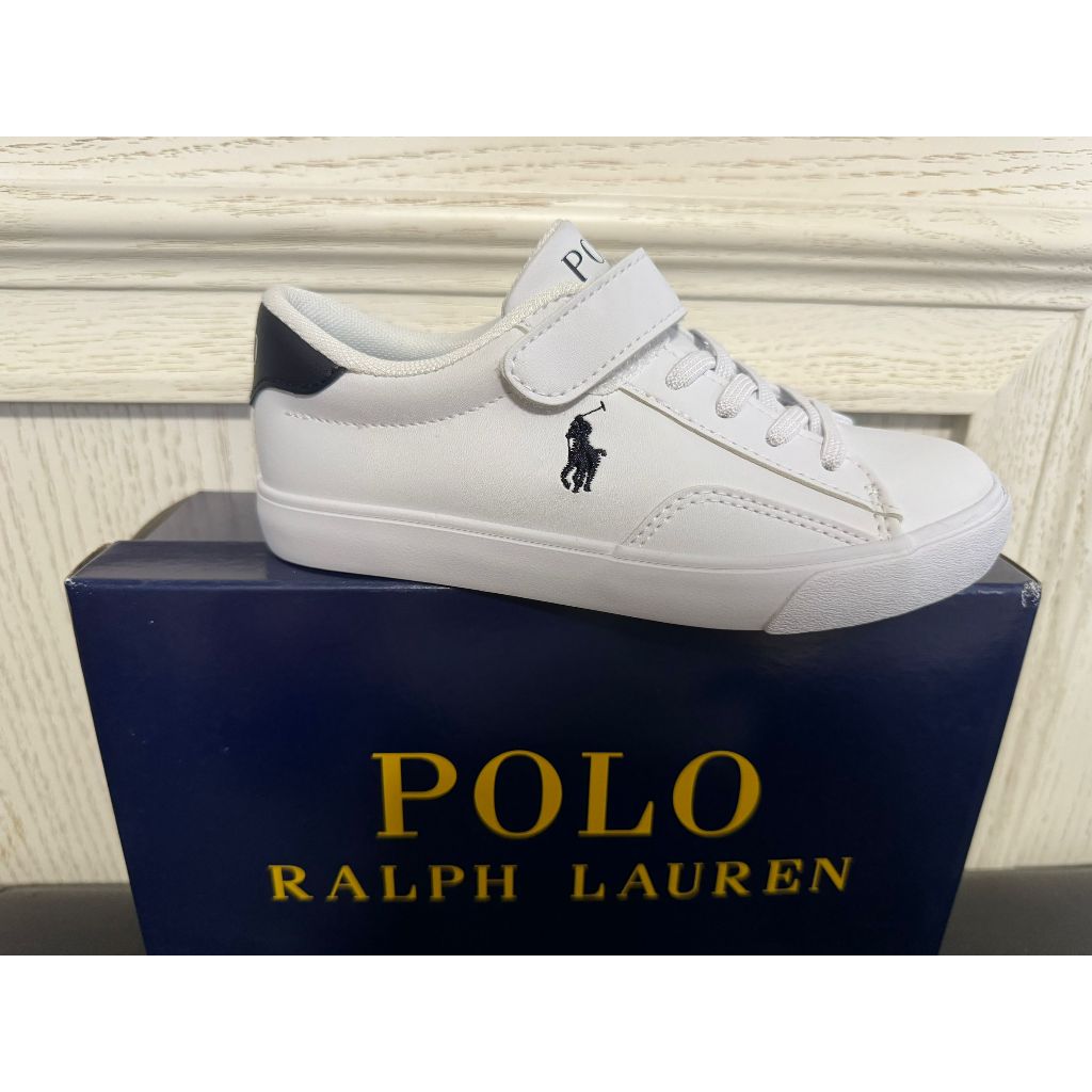 【Ethan】美日韓業余代購 Polo Ralph Lauren 白藍尾單搭扣松緊帶校園舒適透氣小白鞋