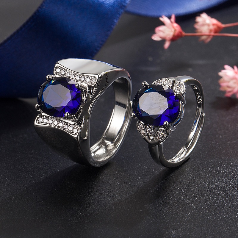 時尚藍寶石情侶戒指女歐美開口鑲鑽藍寶石情侶戒指對戒