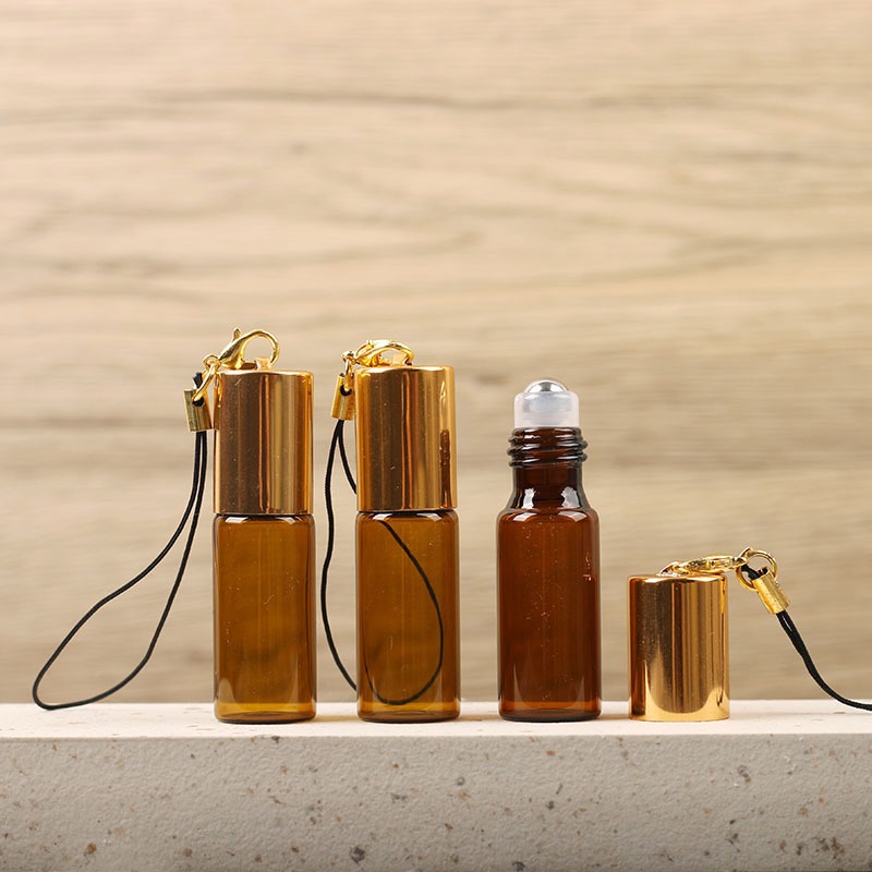 5ml掛繩棕色滾珠瓶 茶色避光玻璃走珠瓶 便攜香水精油分裝空瓶